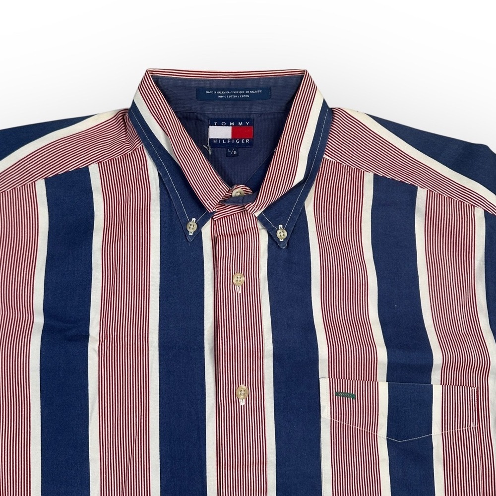 Tommy Hilfiger Mens Striped Button Down Shirt Long Sleeve Cotton Red Blue Large‎